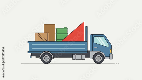 Blue truck carrying various boxes and cargo on a plain white background.