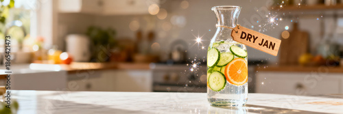 Glass carafe of infused water with cucumber and orange slices for Dry January. Healthy detox drink on kitchen counter with sparkling effects. Panoramic banner with copy space