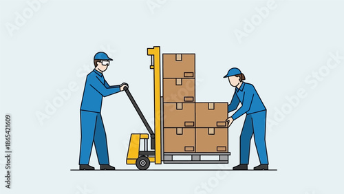 Warehouse workers loading cardboard boxes onto a pallet using a forklift.