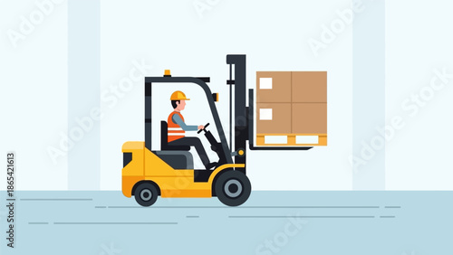 Warehouse Page Scene with Forklift Operator Page Handling Cardboard Boxes Page.