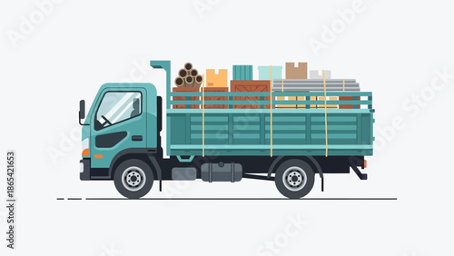 Teal delivery Page truck carrying assorted cardboard boxes on a white Page.