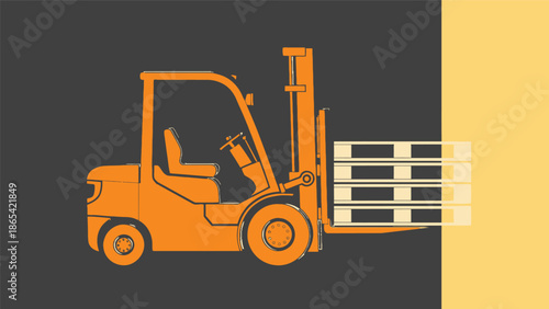Orange forklift lifting pallets on a dark background with yellow accent.