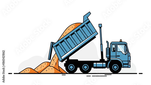 Blue dump truck unloading sand or soil on white background.