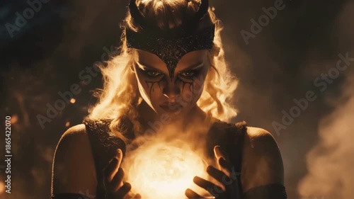 Blond viking seer with horned helmet and face paint holding a glowing orb in her hands, surrounded by smoke and fire, creating a mystical atmosphere