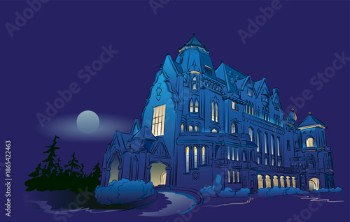 Fantasy background with royal palace at night illuminated for holidays. Illustration for kids fairy tale book. Drawing for poster, wallpaper, computer game, banner, travel company. Hand drawn vector.
