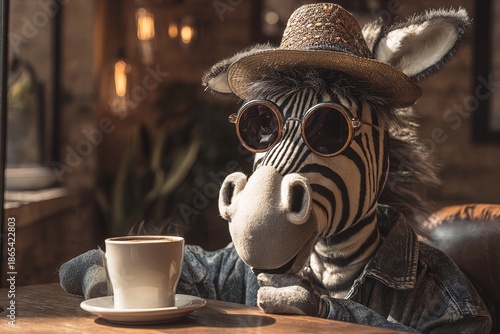 Amusing zebra in sunglasses and hat enjoys coffee at a cafe table with a whimsical vibe
