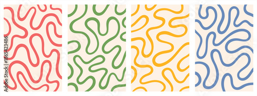 Twisted lines, fluid, curved, wiggling stripes, waves vector backgrounds set. Liquid, funky chaotic ornaments, groovy hippie patterns collection. Doodle, uneven hand drawn wavy, organic winding lines