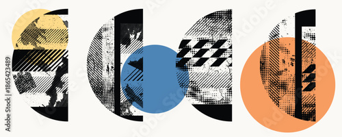 Glitch distorted circles . Noise destroyed logo . Trendy defect error shapes . Glitched frame .Grunge textured . Distressed effect .Vector shapes with a halftone dots screen print texture. 