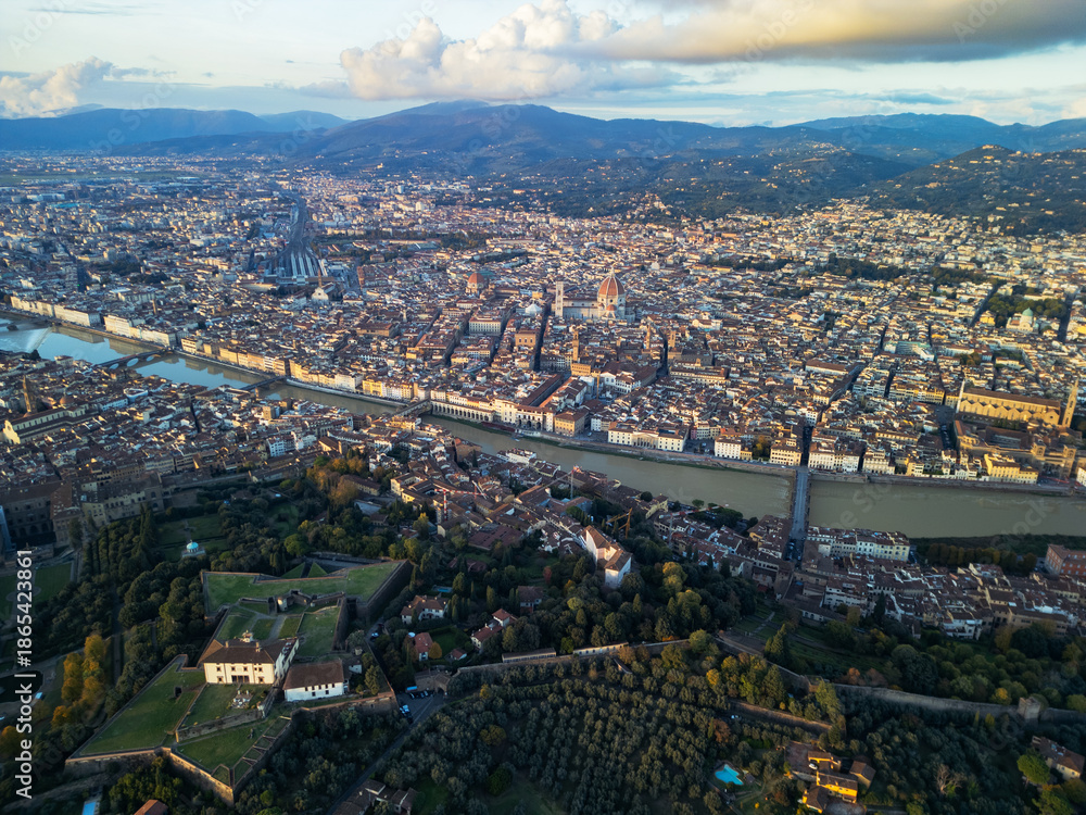 Fototapeta premium High altitude aerial panorama of Florence with Forte di Belvedere in the foreground, scenic city skyline in soft evening light before sunset, Tuscany, Italy.