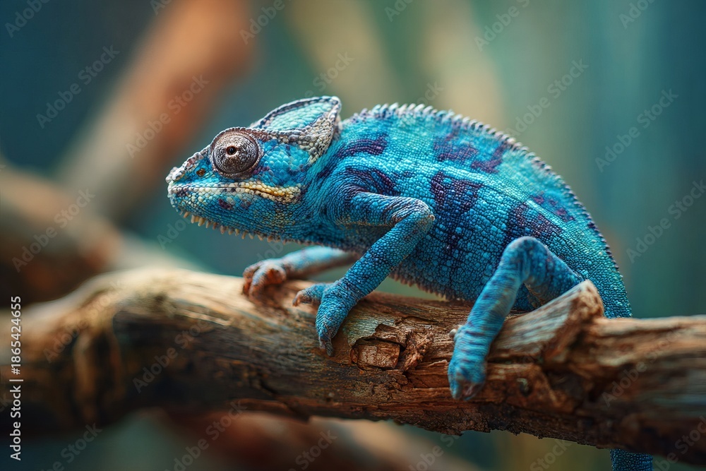Fototapeta premium Charming blue chameleon perched on a broken branch with soft bokeh background effect