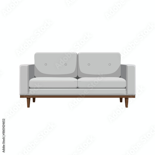 A light gray two-seater sofa with wood legs on a white background