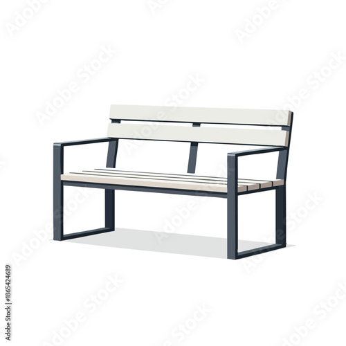 Simple bench illustration on white with wooden slats and dark gray frame and armrests