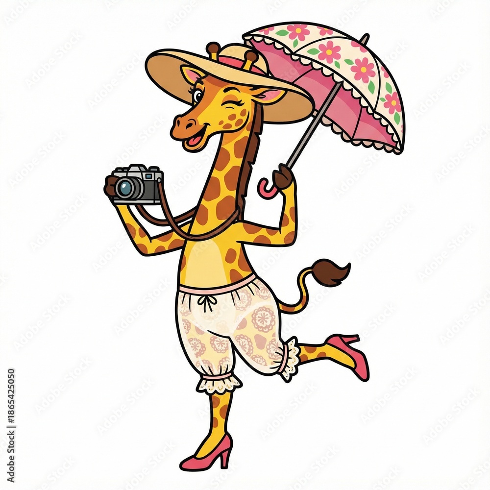 Naklejka premium Playful giraffe holding a camera and umbrella wearing summer attire 