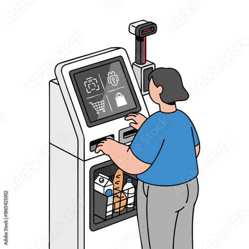 A person uses a self-checkout kiosk with groceries inside