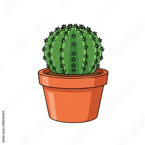 A potted green cactus with spikes is depicted, set against a white backdrop