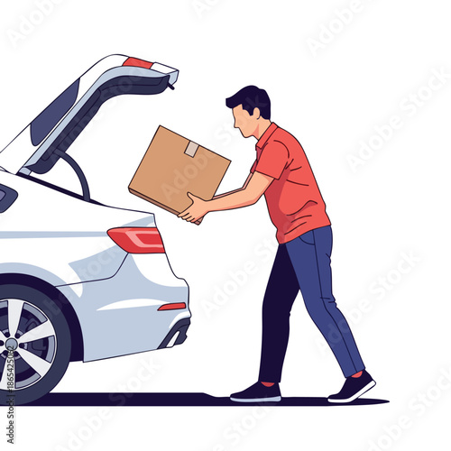 A person loads a brown box into the trunk of a white car. Cartoon style