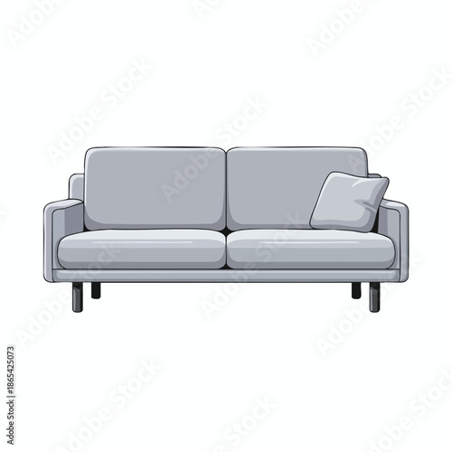 Cartoonish, light gray couch with a pillow on white background