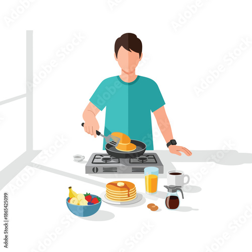 A person flips pancakes on a stove, with fruit, juice, coffee and more breakfast food