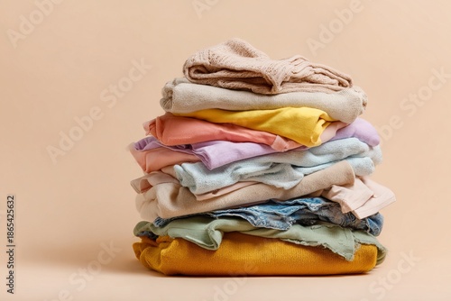 Over consumption illustrated  a pile of unworn clothes against a soft pastel beige backdrop