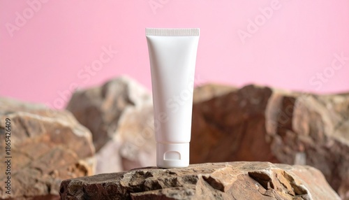 White cosmetic tube standing on stone surface with pink background