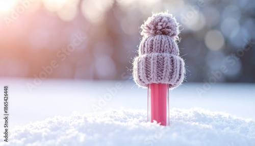 Tube of pink lip gloss in a knitted winter hat on snow, close-up