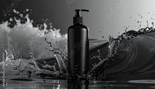 Black shampoo bottle with pump and water splashes on black background