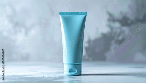 Light blue cosmetic tube on marble background