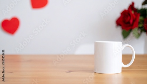 White ceramic mug on wooden table with blurred background of roses and hearts