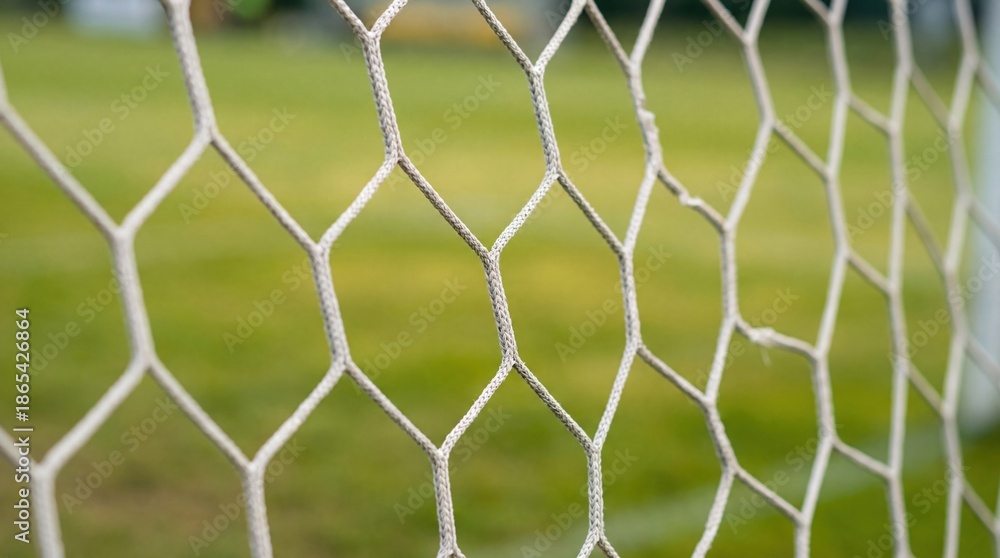 Fototapeta premium Close-up view of a soccer net with a blurred green field in the background