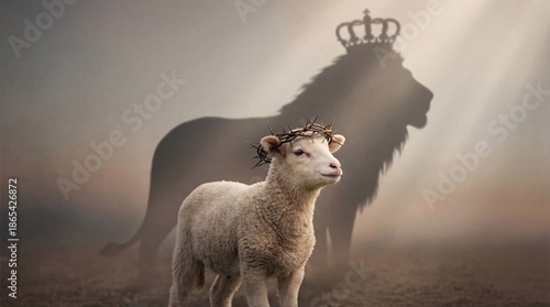 A surreal depiction of the lamb and lion, a symbolic representation of contrasts and inner strength. A lamb in front of the shadow of a lion with a crown