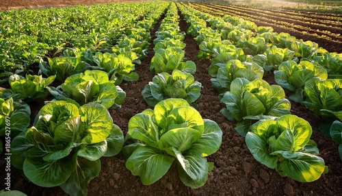 a row of green lettuce plants are growing in a field