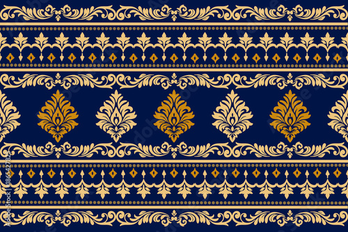 Damask floral pattern border. Motifs Ikat floral ethnic oriental pattern traditional.Aztec style abstract vector illustration.design for texture, fabric, scarf,background,carpet,rug