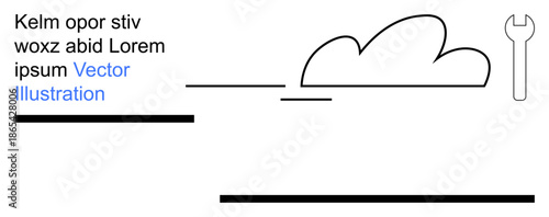 Cloud technology, system maintenance, digital tools, IT services, data management, network. A cloud, wrench textual lines. Cloud technology and system maintenance concept