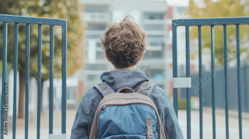 Boy walks through school gates. A boy with curly hair stands at the school gates with a backpack looking ahead at the school. It is daytime.