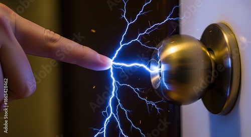 A bare finger makes contact with a brass doorknob, generating a bright blue static electricity discharge. Powerful high voltage electric current arcs, a shocking transfer of energy.