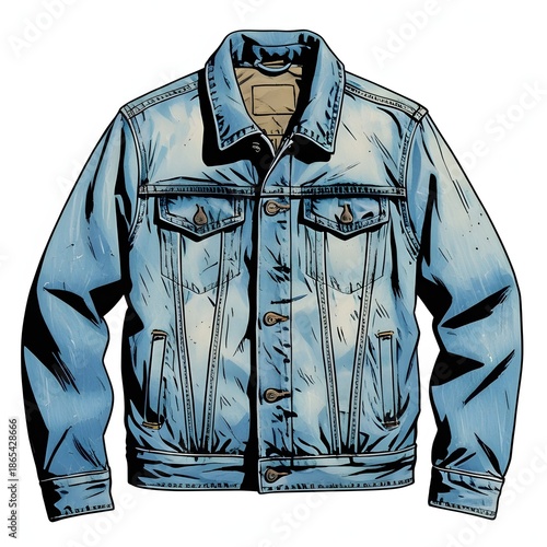 Comic Style Illustration of a Classic Blue Denim Jacket with Button Closure and Chest Pockets