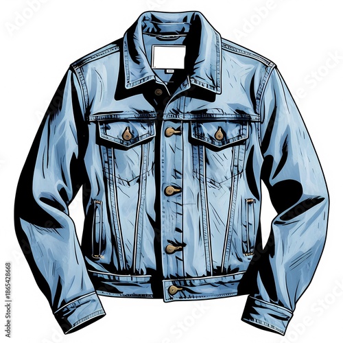 Comic Style Illustration of a Classic Blue Denim Jacket with Button Closure and Chest Pockets