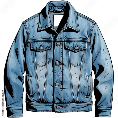 Comic Style Illustration of a Classic Blue Denim Jacket with Button Closure and Chest Pockets
