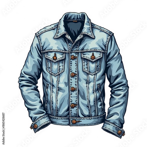Comic Style Illustration of a Classic Blue Denim Jacket with Button Closure and Chest Pockets