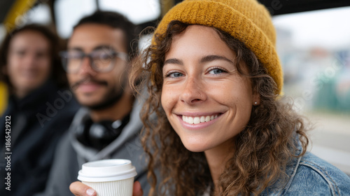 Group of young people enjoying bus travel adventure
