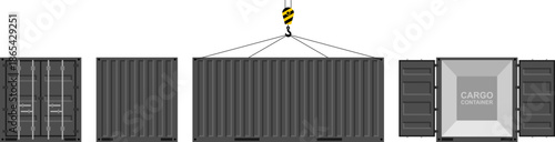 Cargo container set. Logistics and Transportation Concept. Side, front, back view. Flat style