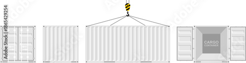Cargo container set. Logistics and Transportation Concept. Side, front, back view. Flat style