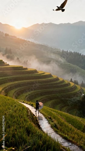 Person Walking on Path Through Green Rice Terraces at Sunrise with Mist and Flying Bird