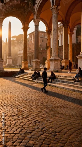 Man Walking Across Cobblestone Square with Ancient Arches and Obelisk Background at Golden Hour