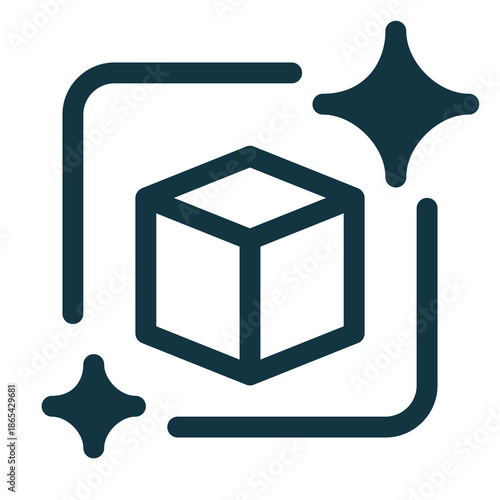 3d model generative AI icon with sparkles, representing artificial intelligence, creativity, and automated 3d model creation. Modern outline symbol for AI-powered design, digital art, and innovation.