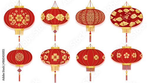 Set of eight traditional red chinese lanterns for lunar new year celebration