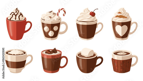 Set of eight delicious hot chocolate drinks with whipped cream and toppings