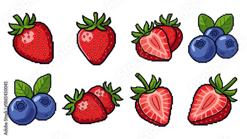 Set of pixel art strawberries and blueberries with green leaves