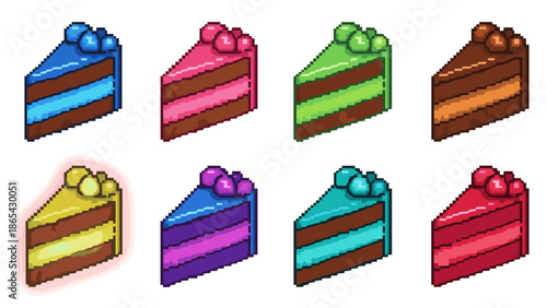 Set of eight slices of layered cake with different colored frosting and toppings, pixel art style