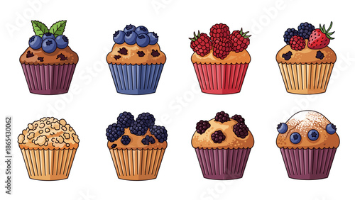 Set of eight delicious berry muffins with blueberries, raspberries, and blackberries